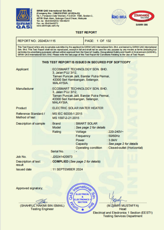 Smart Solar SIRIM approved certificate